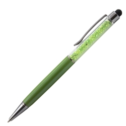 Personalised Crystal Touch Green 2-in-1 stylus ballpoint pen with green crystals and white laser engraving