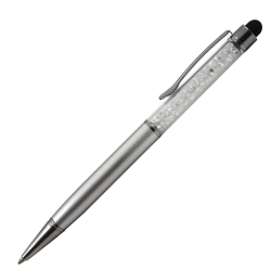 Personalised Crystal Touch Silver 2-in-1 stylus pen with clear crystals and grey tone-on-tone laser engraving