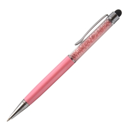 Personalised Crystal Touch Baby Pink 2-in-1 stylus ballpoint pen with pink crystals and grey laser engraving