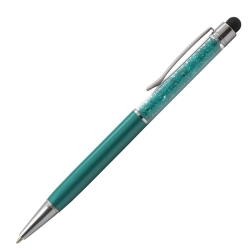 Personalised Crystal Touch Aquamarine 2-in-1 stylus ballpoint pen with matching sea-foam crystals and white laser engraving