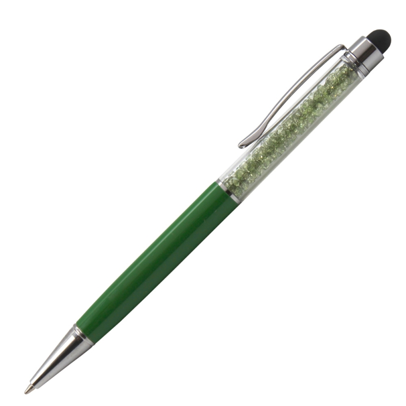 Personalised Crystal Touch Dark Green 2-in-1 stylus ballpoint pen with forest green crystals and white laser engraving