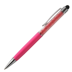 Personalised Crystal Touch Bright Pink 2-in-1 stylus ballpoint pen with shimmering pink crystals and white laser engraving