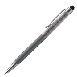 Personalised Crystal Touch Grey 2-in-1 stylus ballpoint pen with silver-grey crystals and white laser engraving