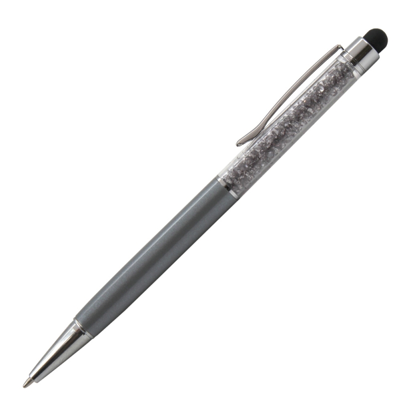 Personalised Crystal Touch Grey 2-in-1 stylus ballpoint pen with silver-grey crystals and white laser engraving