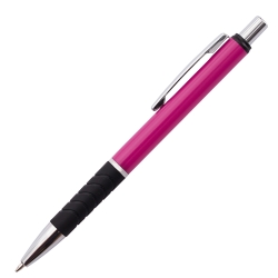Personalised Andante Matte Pink aluminium pen with white laser engraving and ergonomic black rubber grip.