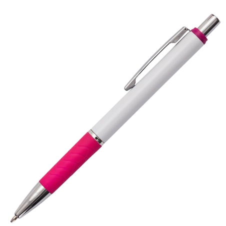 Personalised Rapid Pink metal pen with custom grey laser engraving and pink rubber grip.