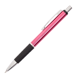 Personalised Andante Shiny Pink metal pen with custom white laser engraving and black rubber grip.