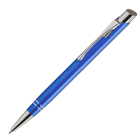 Personalised DAN Blue aluminium ballpoint pen with two silver rings and custom white laser engraving
