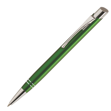 Personalised DAN Green metallic aluminium pen featuring two decorative silver rings and white laser engraved text