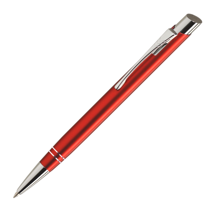 Personalised DAN Red aluminium ballpoint pen with silver twin rings and white laser engraving