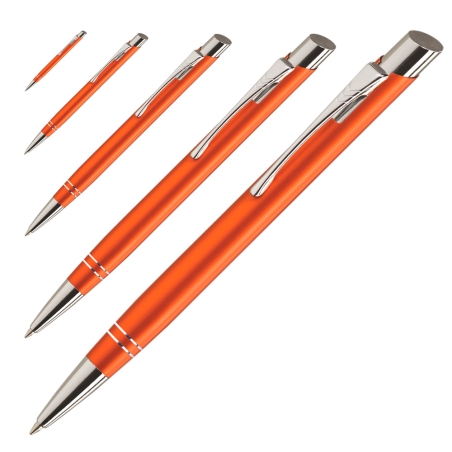 Bulk set of metallic orange DAN personalised pens with silver rings and white engraving