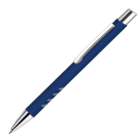 Personalised FERII Dark Blue matte soft-touch ballpoint pen 
with bright white custom engraving and chrome accents
