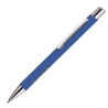 Custom engraved FERII Blue rubberised ballpoint pen showing bright silver laser etching and chrome clip