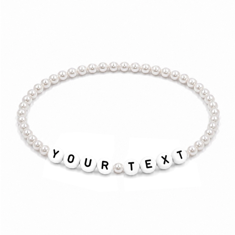White Pearl personalised 4mm beaded bracelet with custom name letter beads and a lustrous pearl-effect finish