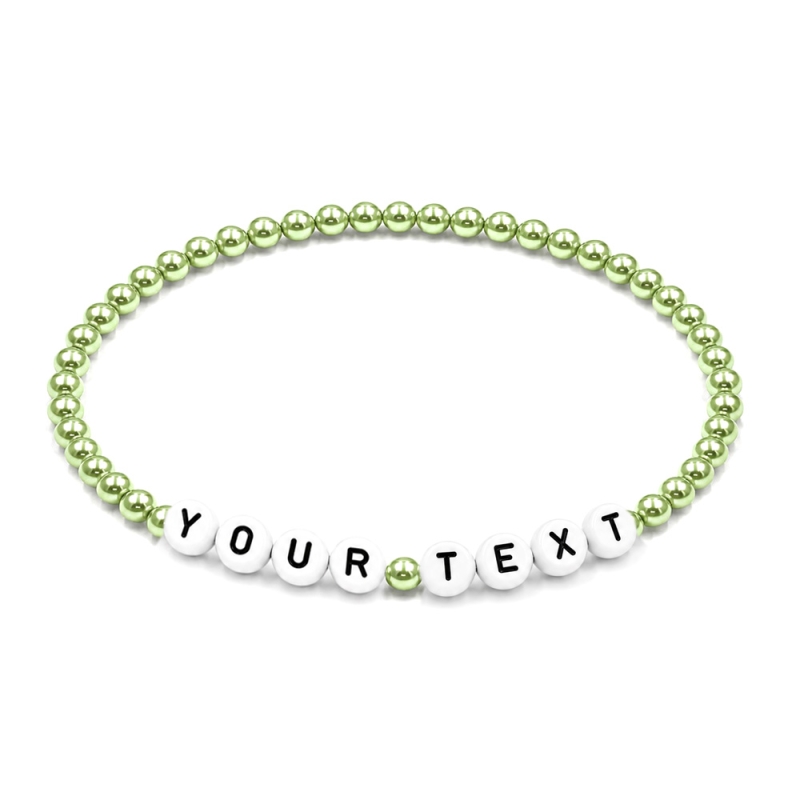 Light Green Pearl personalised 4mm beaded bracelet with custom name lettering and soft green pearlescent beads