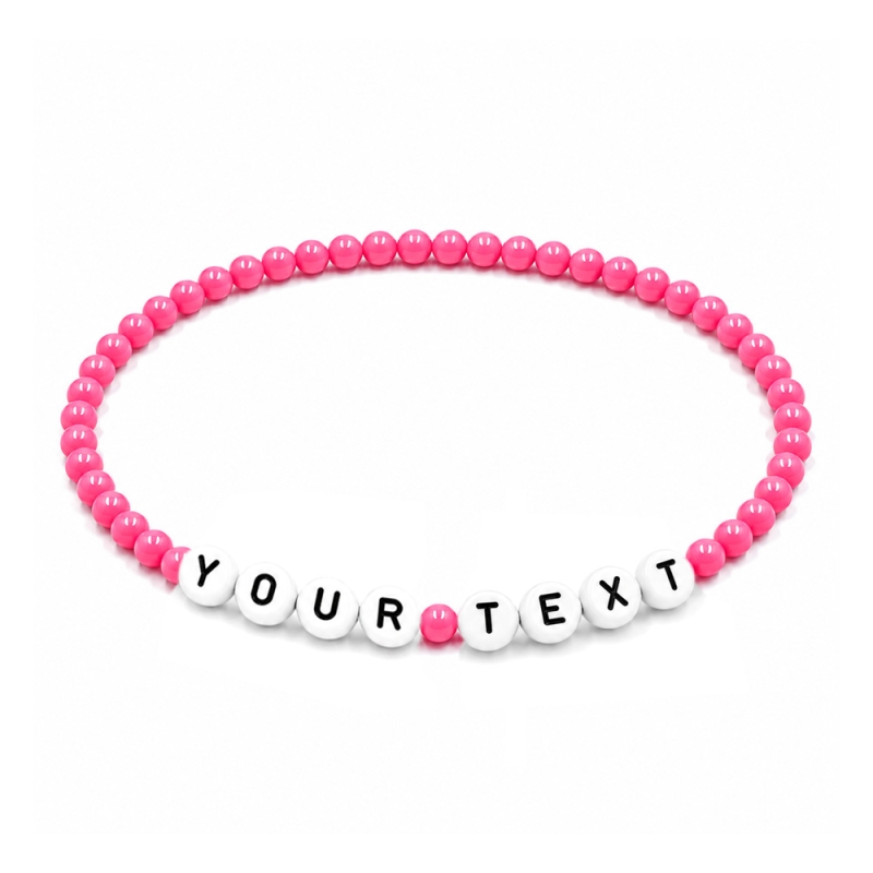 Flamingo Pink Shiny personalised 4mm beaded bracelet with custom name lettering and bright glossy pink acrylic beads