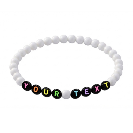 White personalised 6mm acrylic bead bracelet with glossy white beads and custom lettering